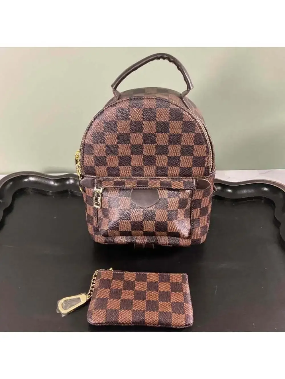 Brown/black checkered mini backpack ￼w/matching coin pouch￼